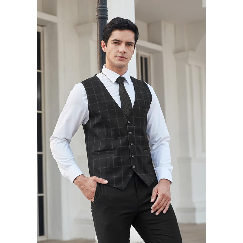 Plaid Slim Suit Vest - BLACK-5