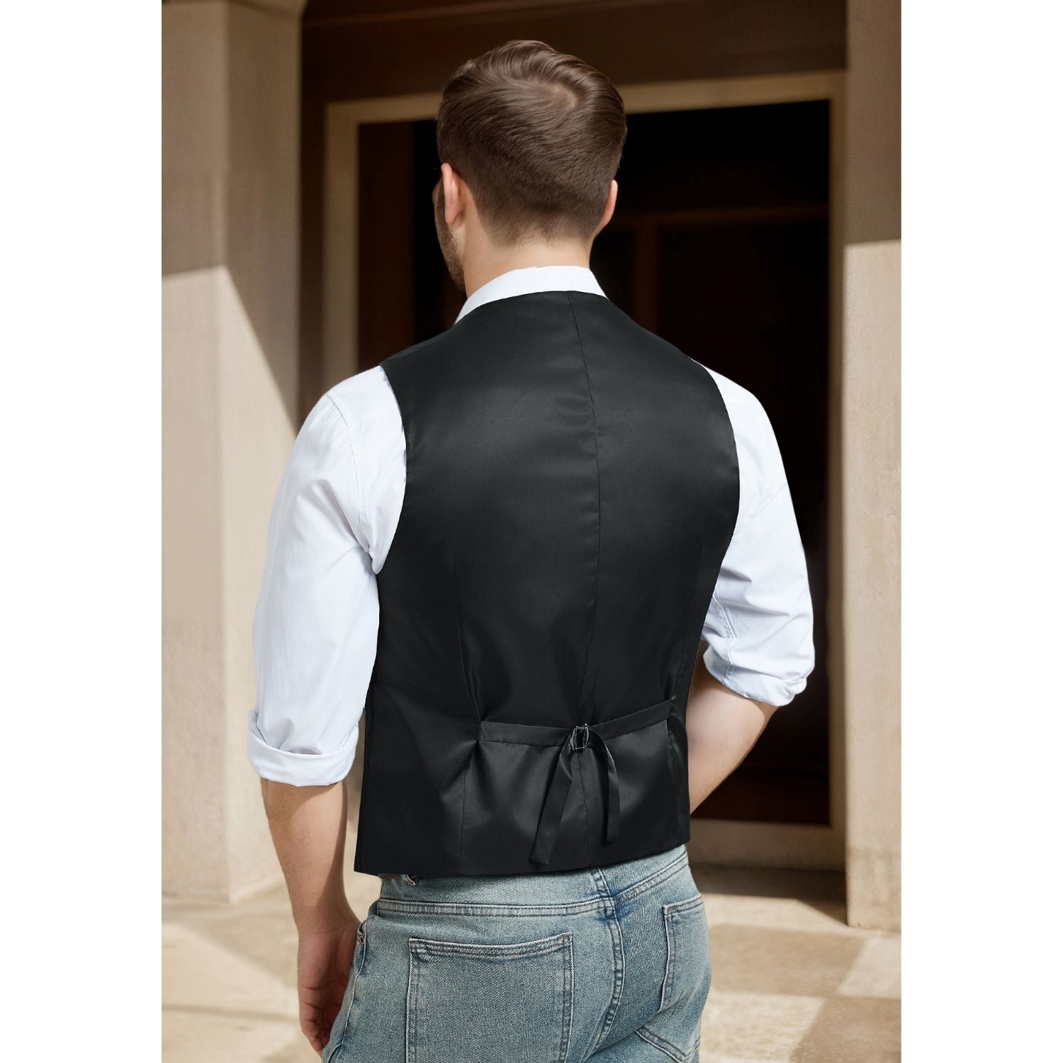 Men's Herringbone Tweed Vest - BLACK