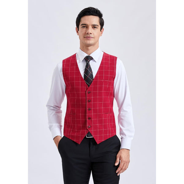 Plaid Slim Suit Vest - RED-6