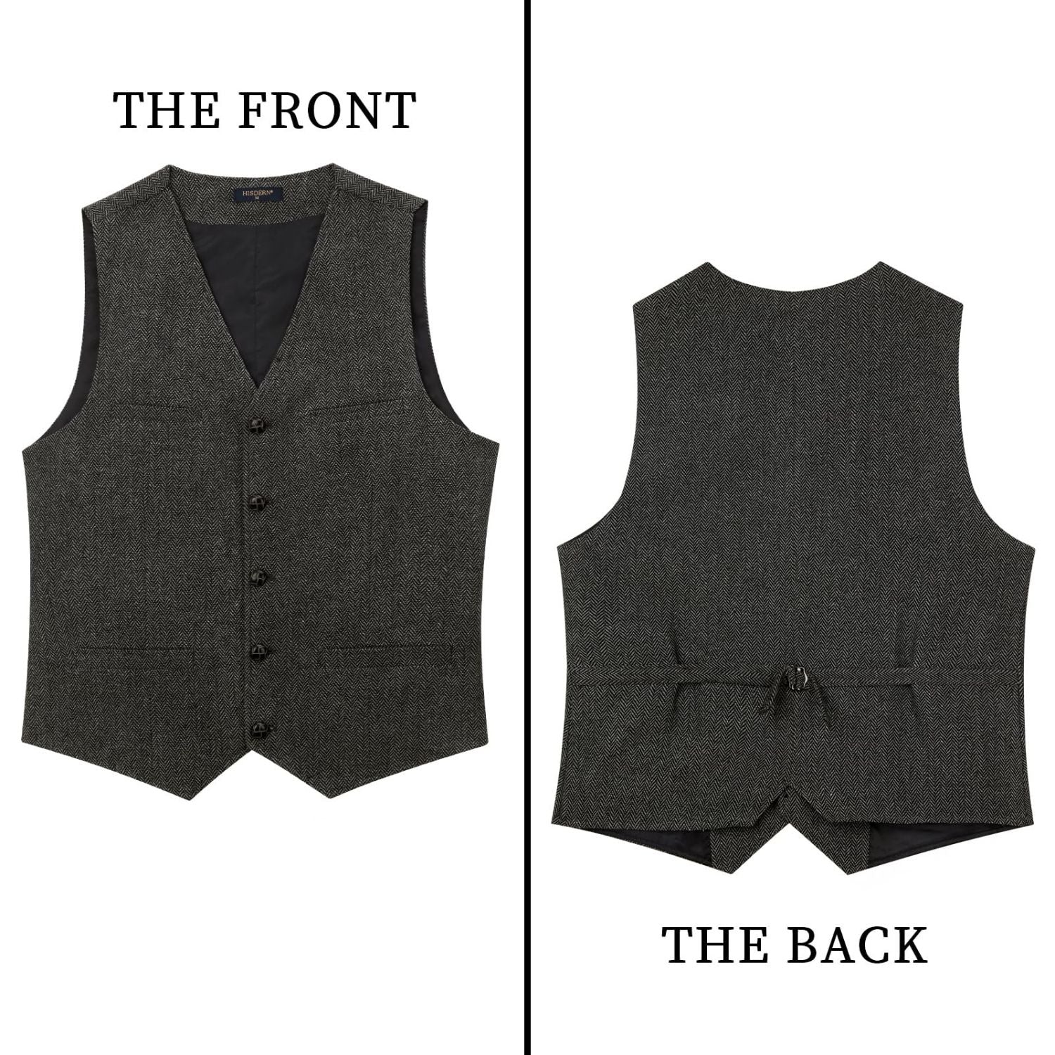 Hisdern Men's Herringbone Tweed Wool Vest Grey for Party Suit Vest