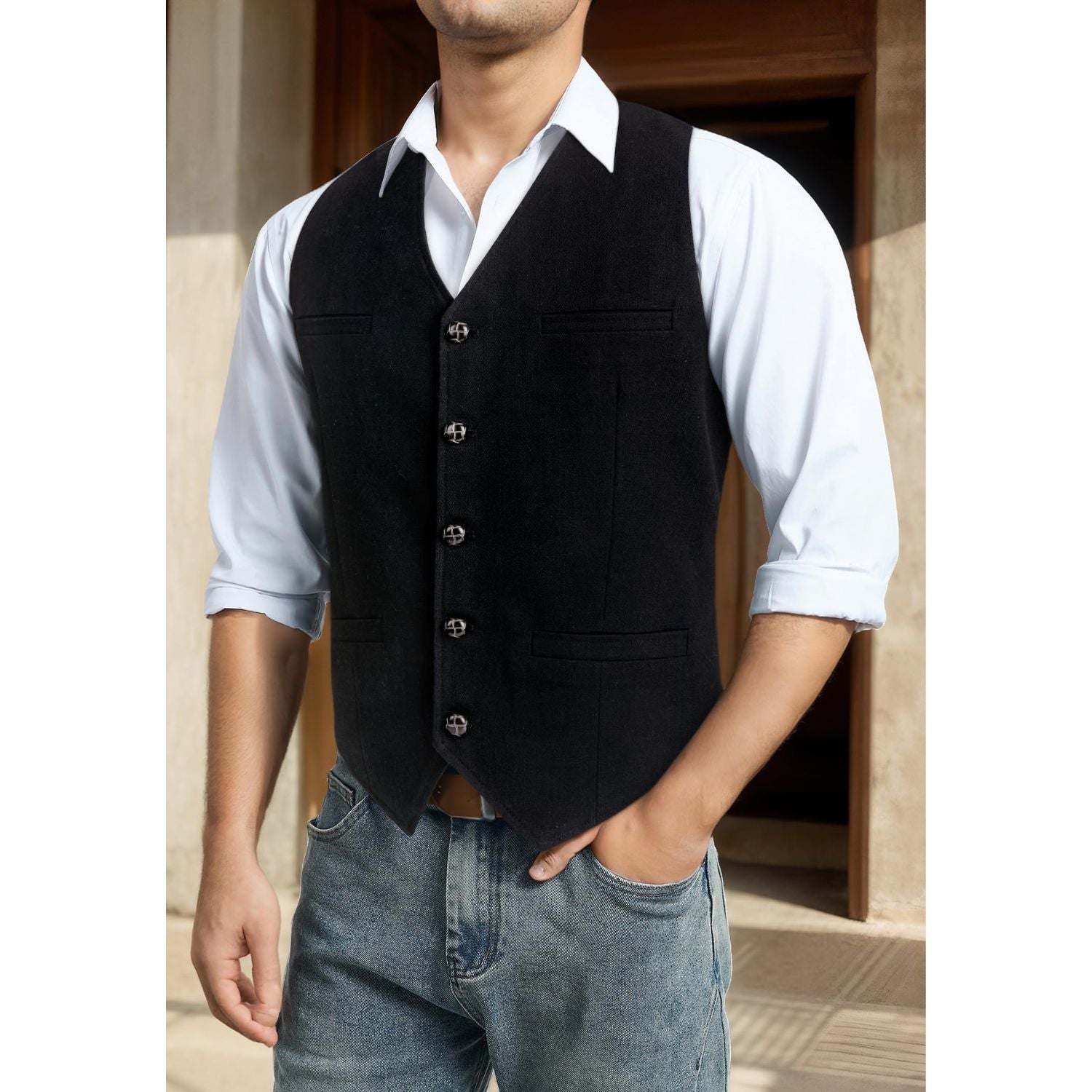 Hisdern Men's Herringbone Tweed Wool Vest Black for Party Suit Vest