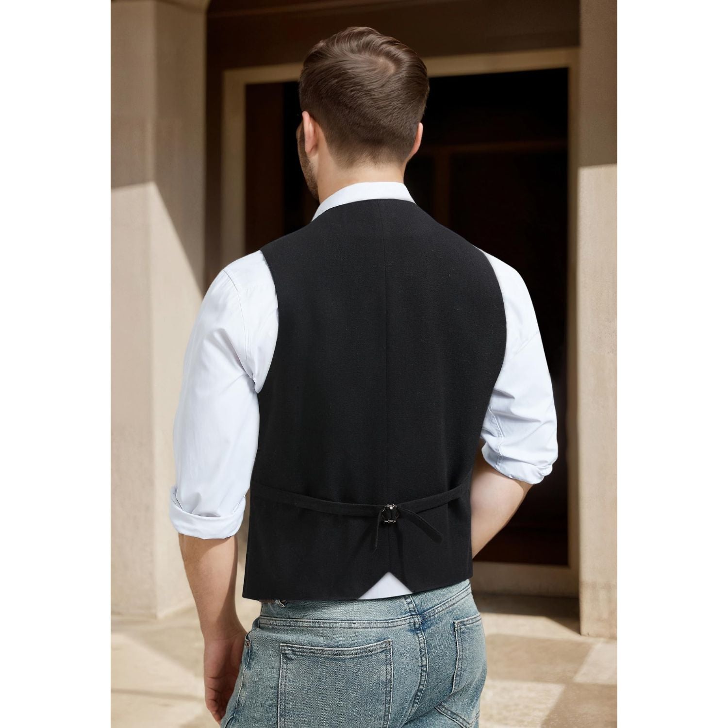 Hisdern Men's Herringbone Tweed Wool Vest Black for Party Suit Vest