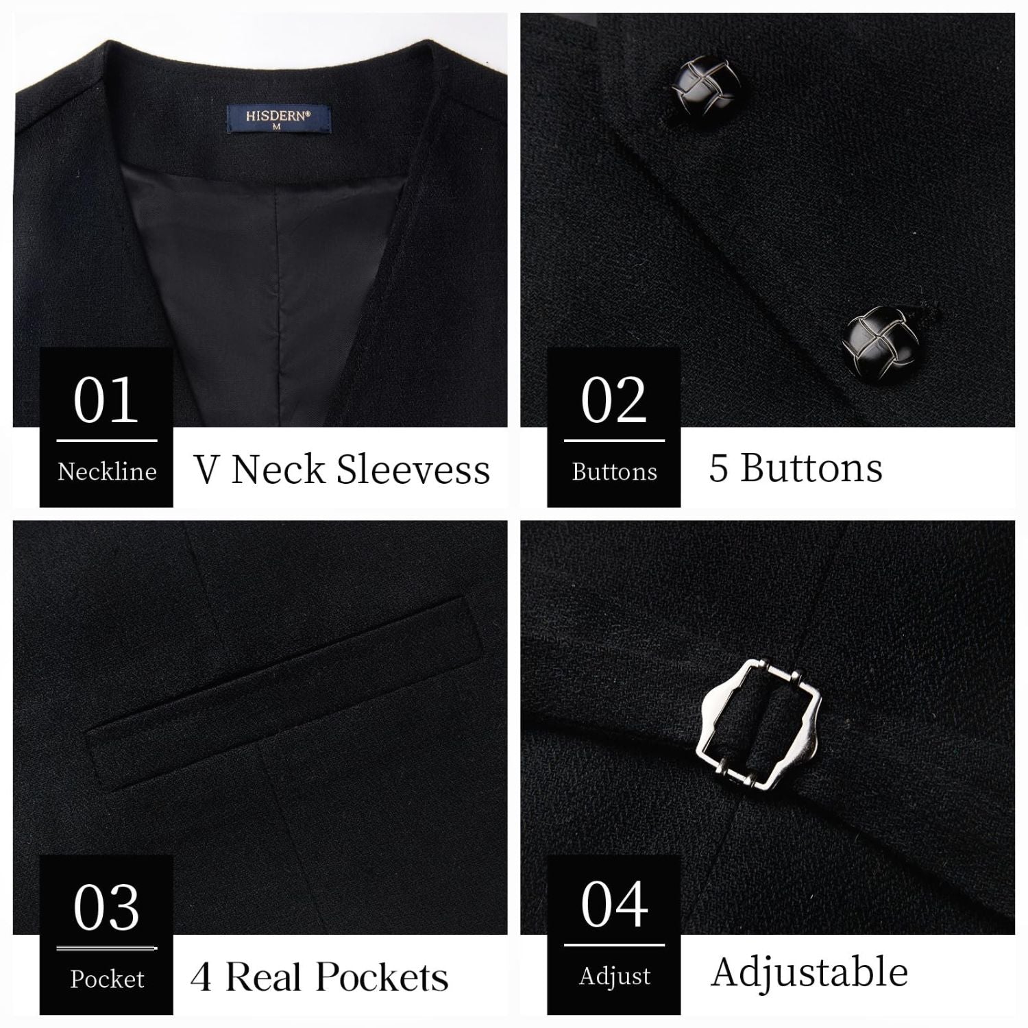 Hisdern Men's Herringbone Tweed Wool Vest Black for Party Suit Vest