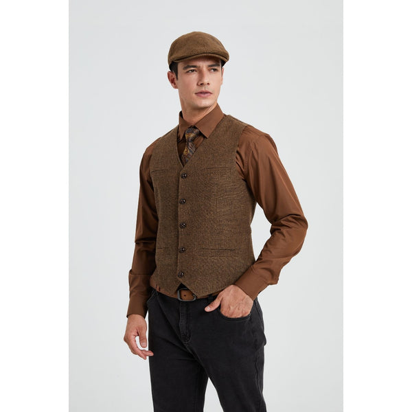 Men's Herringbone Tweed Vest - A-BROWN