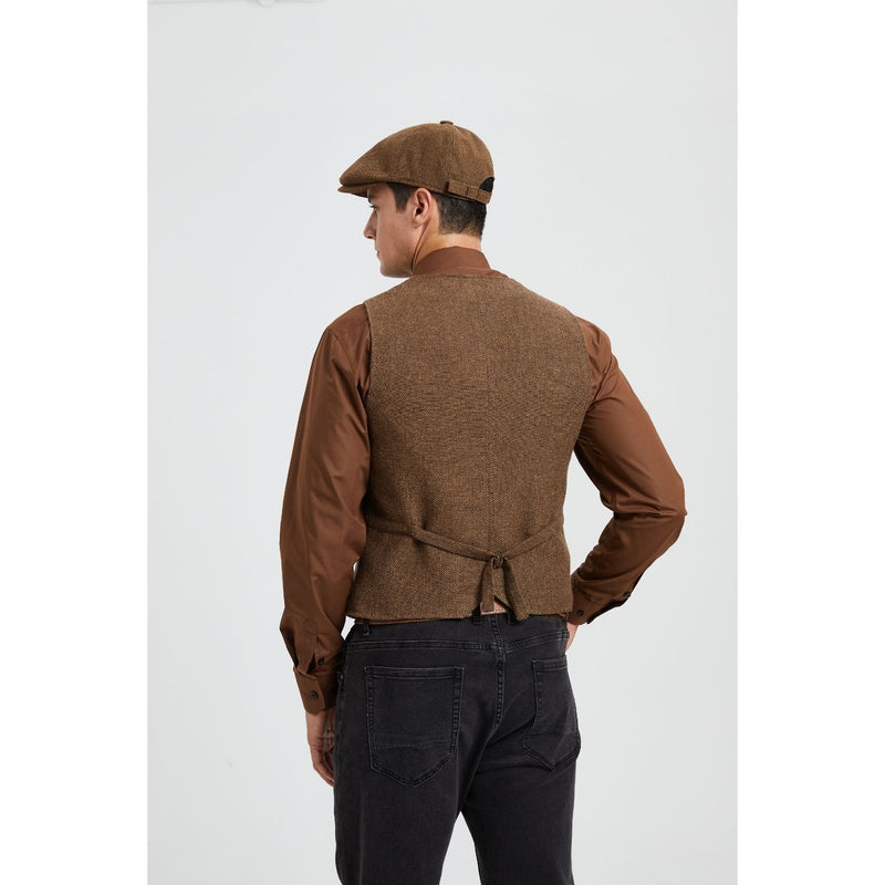 Men's Herringbone Tweed Vest - A-BROWN