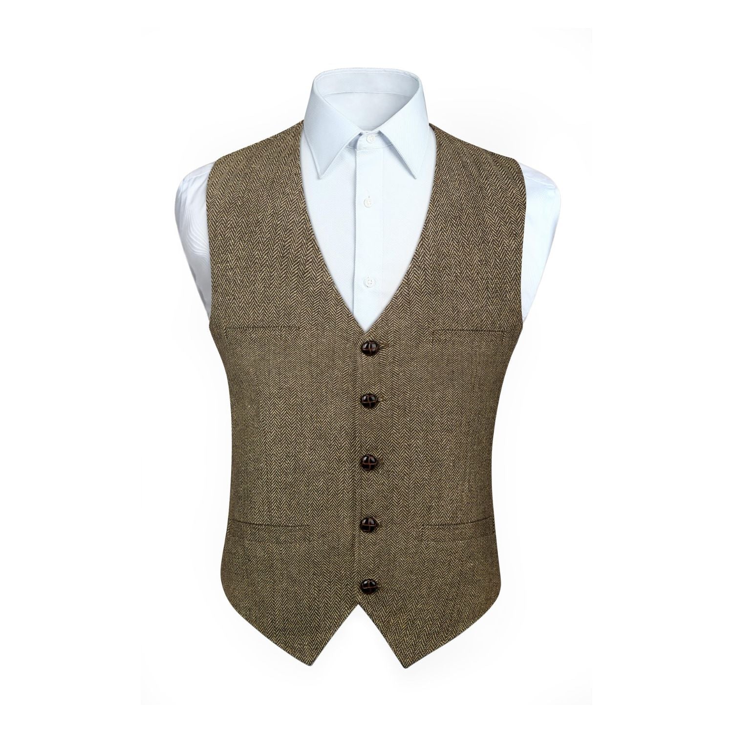 Hisdern Men's Herringbone Tweed Wool Vest Brown for Party Suit Vest