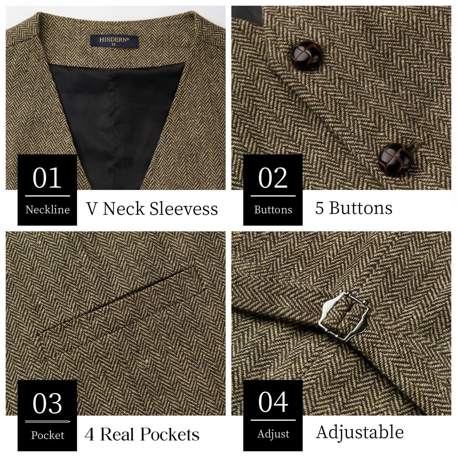 Hisdern Men's Herringbone Tweed Wool Vest Brown for Party Suit Vest