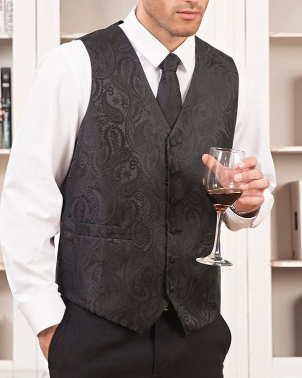 Paisley Suit Vest Tie Handkerchief Set - BLACK