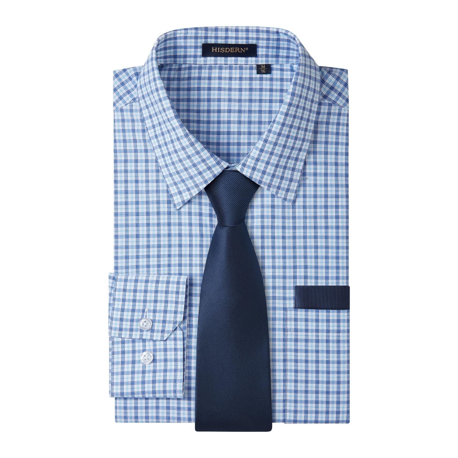 Hisdern Men's Business Blue Plaid Dress Shirt and Matching Solid Tie