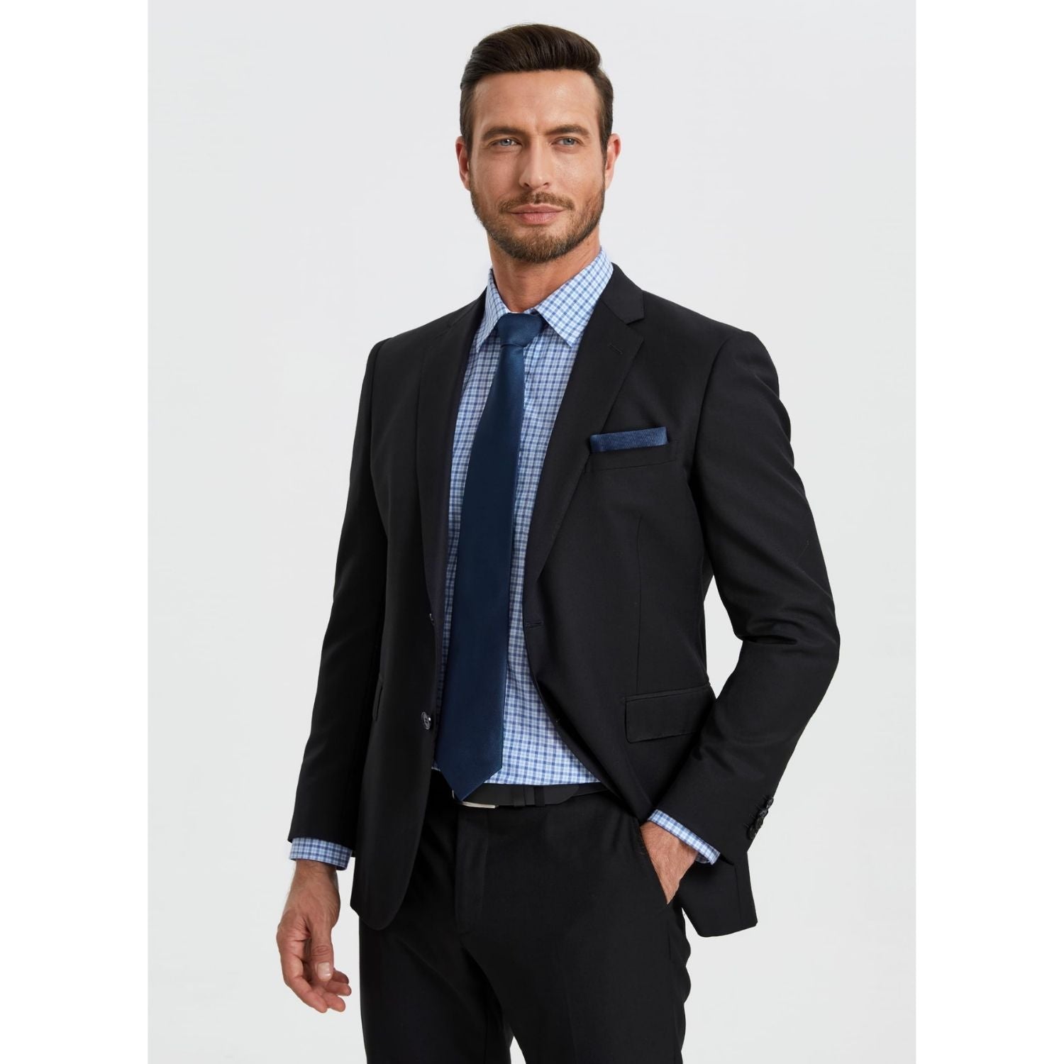 Hisdern Men's Business Blue Plaid Dress Shirt and Matching Solid Tie