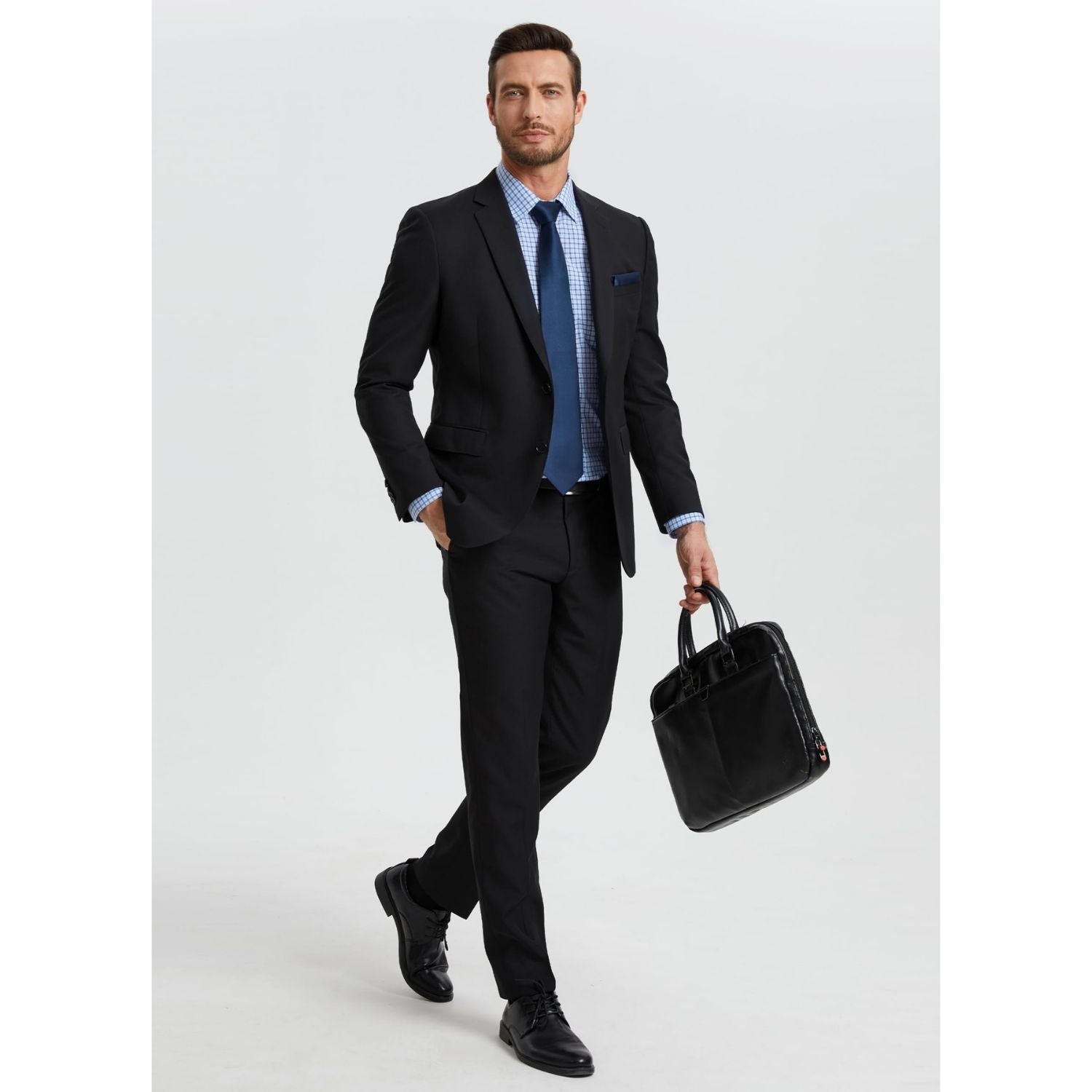 Hisdern Men's Business Blue Plaid Dress Shirt and Matching Solid Tie