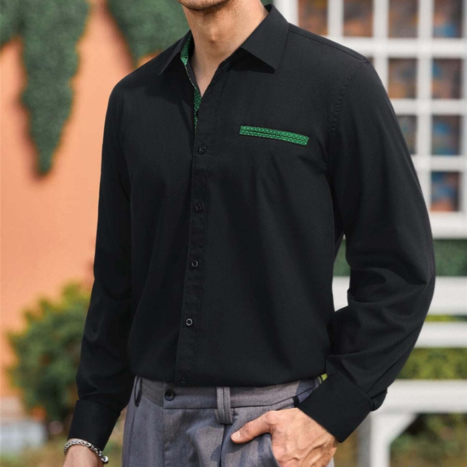 Men's Dress Shirt with Pocket - A-BLACK/GREEN