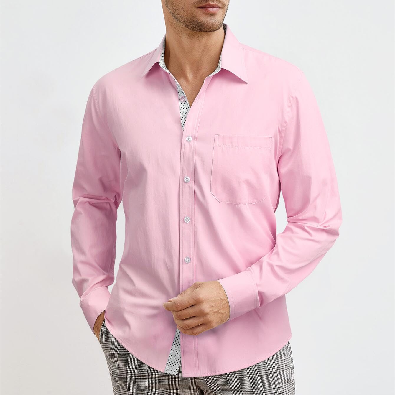Casual Formal Shirt with Pocket - E-PINK/WHITE