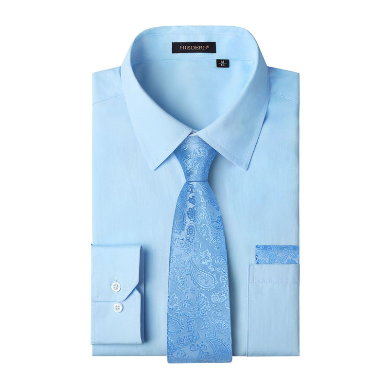 Men's Shirt with Tie Handkerchief Set - 04-SKY BLUE