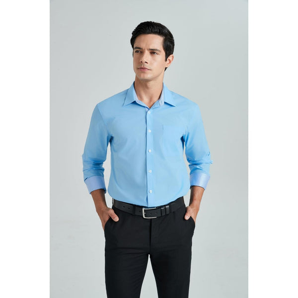 Men's Patchwork Dress Shirt with Pocket - BLUE