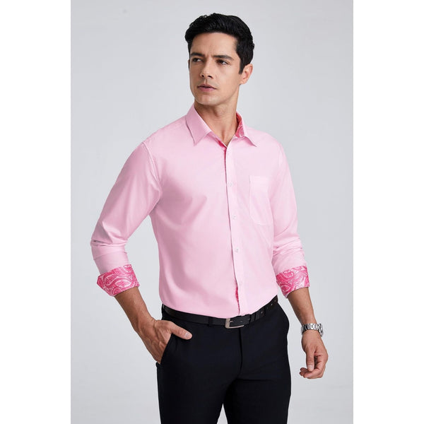 Men's Patchwork Dress Shirt with Pocket - PINK/HOT PINK