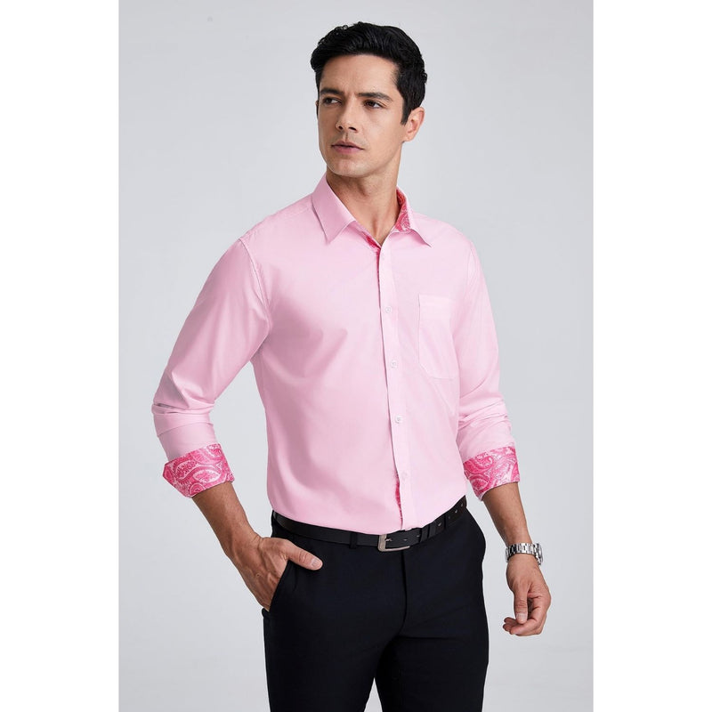 Men's Patchwork Dress Shirt with Pocket - PINK/HOT PINK