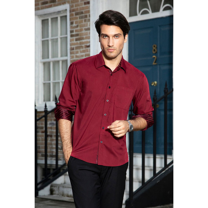 Men's Dress Shirt with Pocket - BURGUNDY/STRIPED