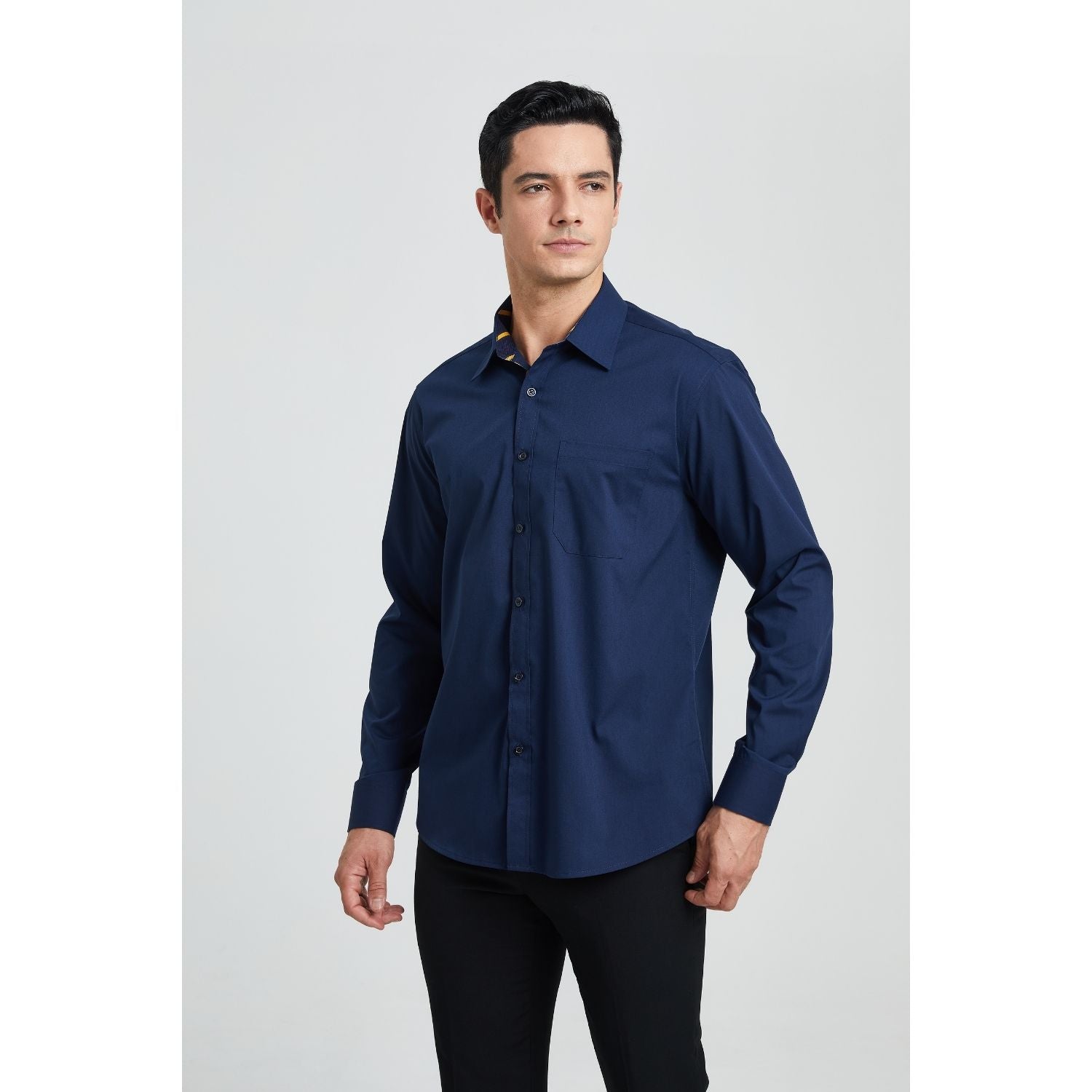 Men's Patchwork Dress Shirt with Pocket - NAVY BLUE/STRIPED