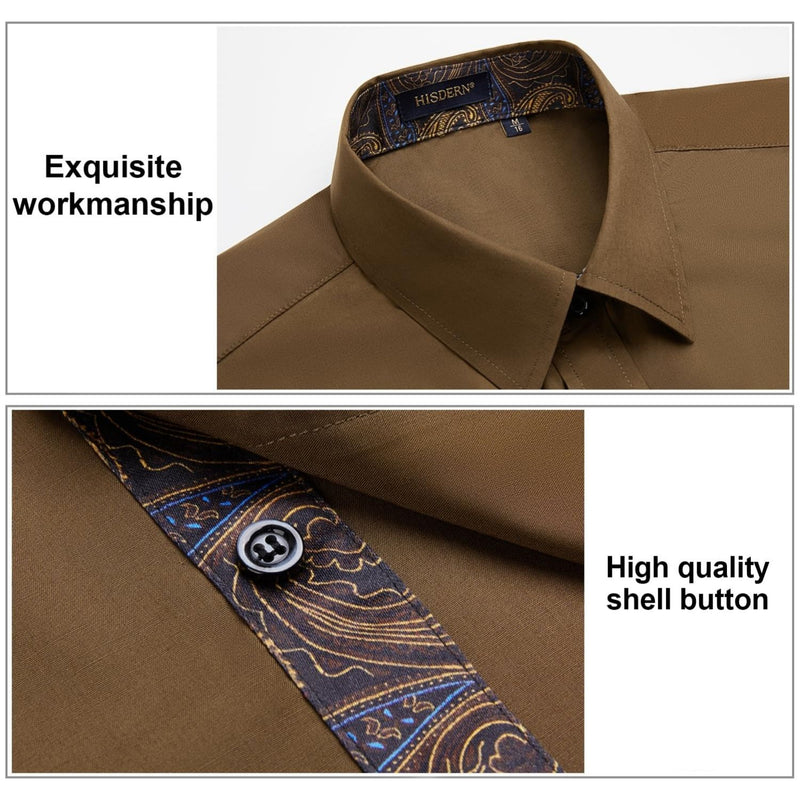 Men's Patchwork Dress Shirt with Pocket - DARK BROWN/PAISLEY