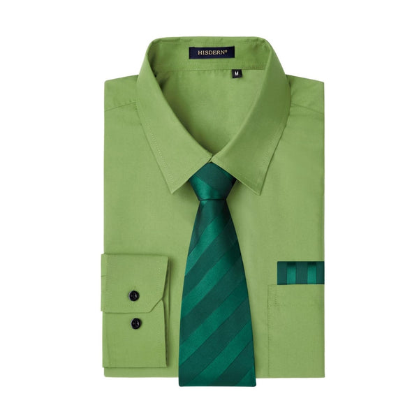 Men's Shirt with Tie Handkerchief Set - GREEN