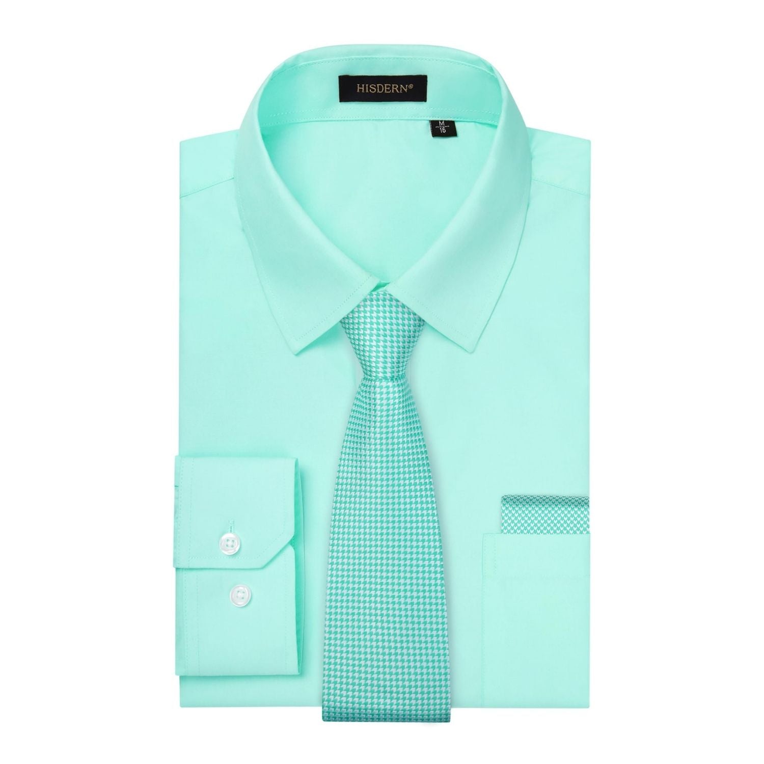 Hisdern Wrinkle-resistant Mint Green Dress Shirt and Matching Houndstooth Tie
