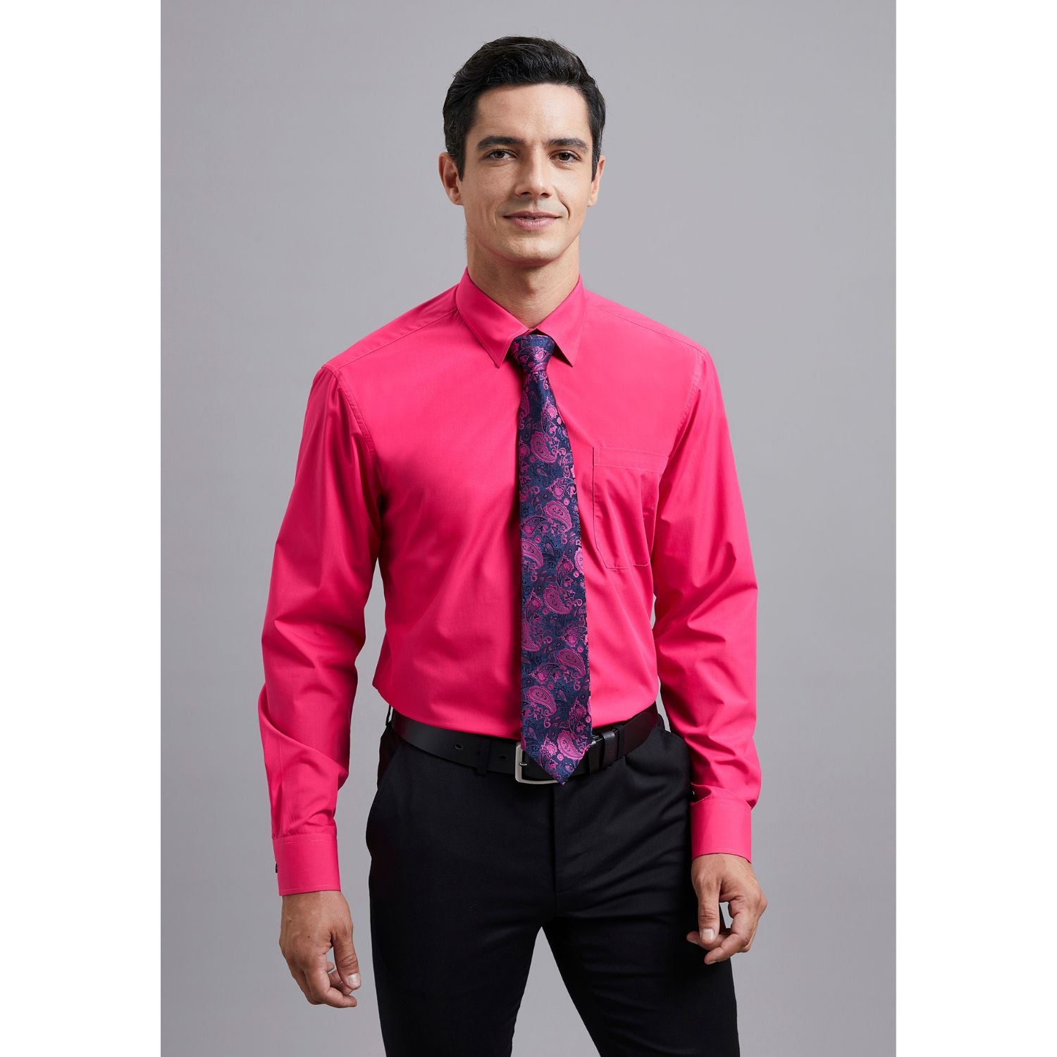 Men's Shirt with Tie Handkerchief Set - 05-HOT PINK