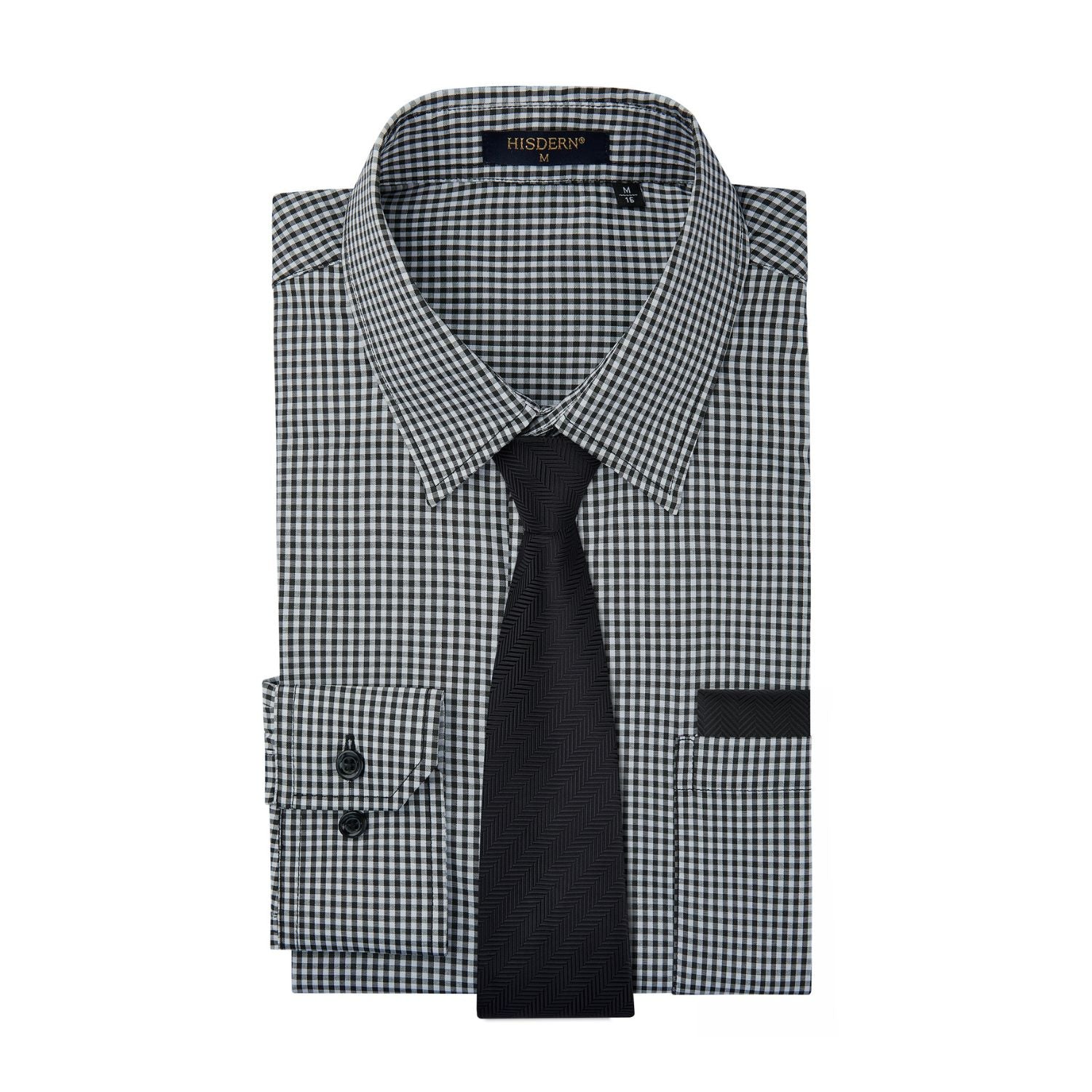 Hisdern Black Men's Shirt with Tie Handkerchief Set For Business Wedding