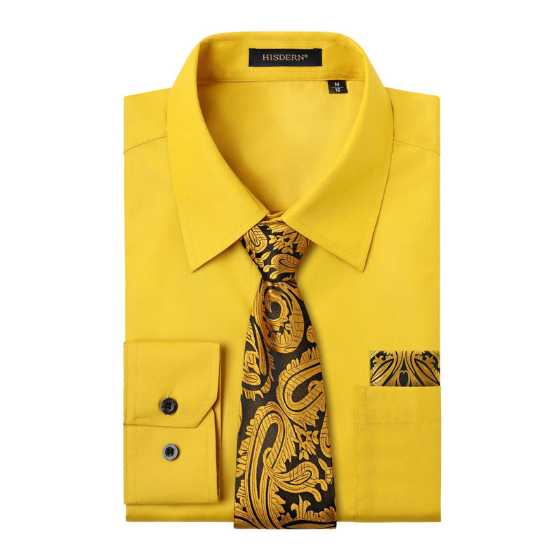 Men's Shirt with Tie Handkerchief Set - YELLOW