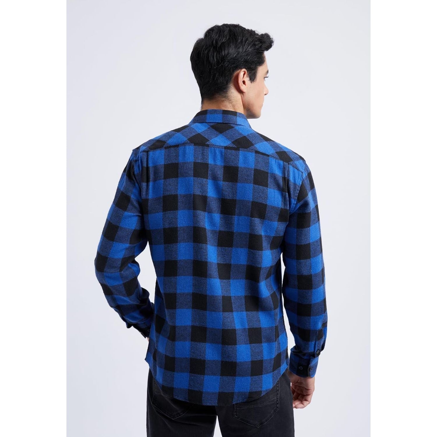 Hisdern Men's Long Sleeve Plaid Shirt Blue Casual Button-Up