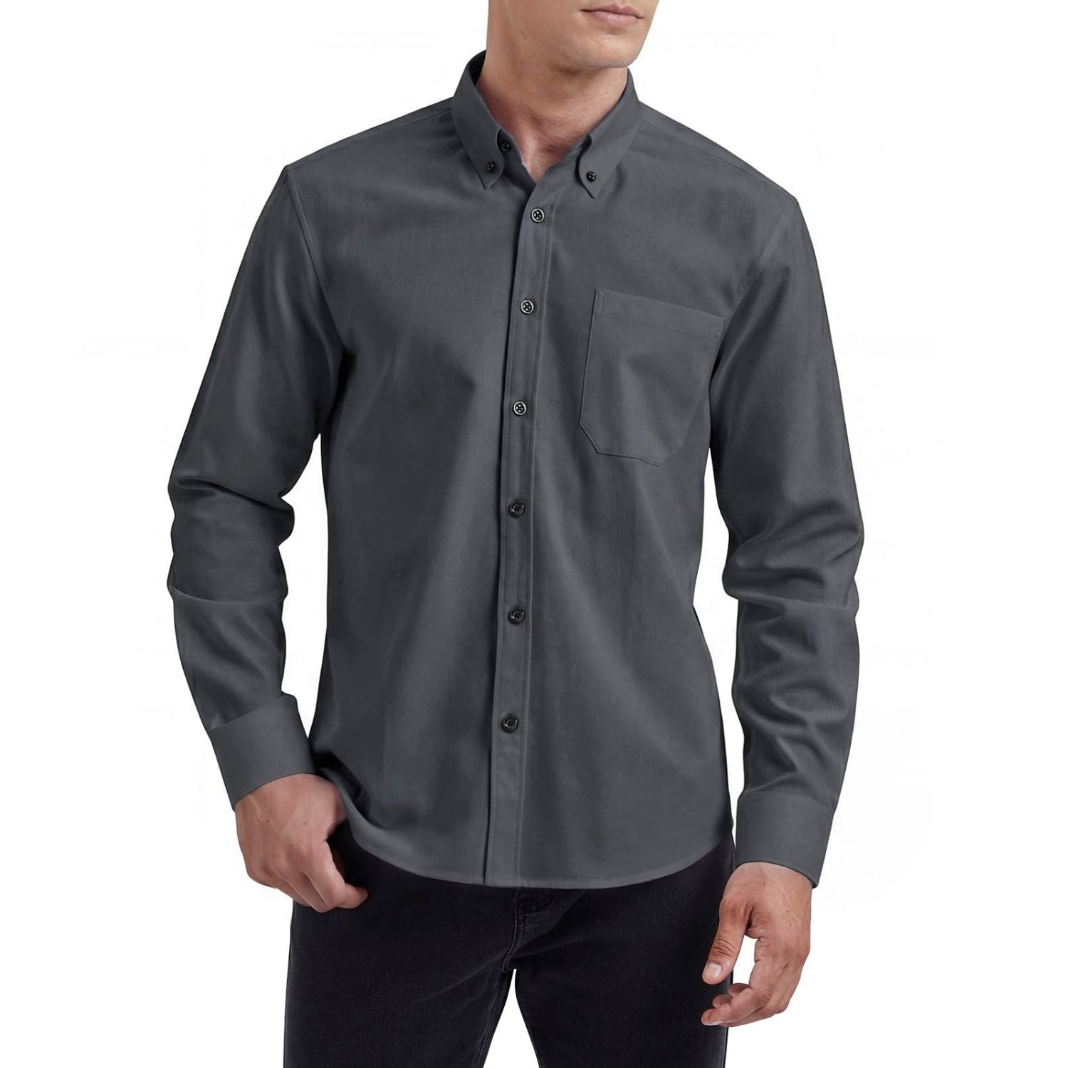 Hisdern Men's Dark Grey Oxford Shirts with Chest Pocket Formal Office
