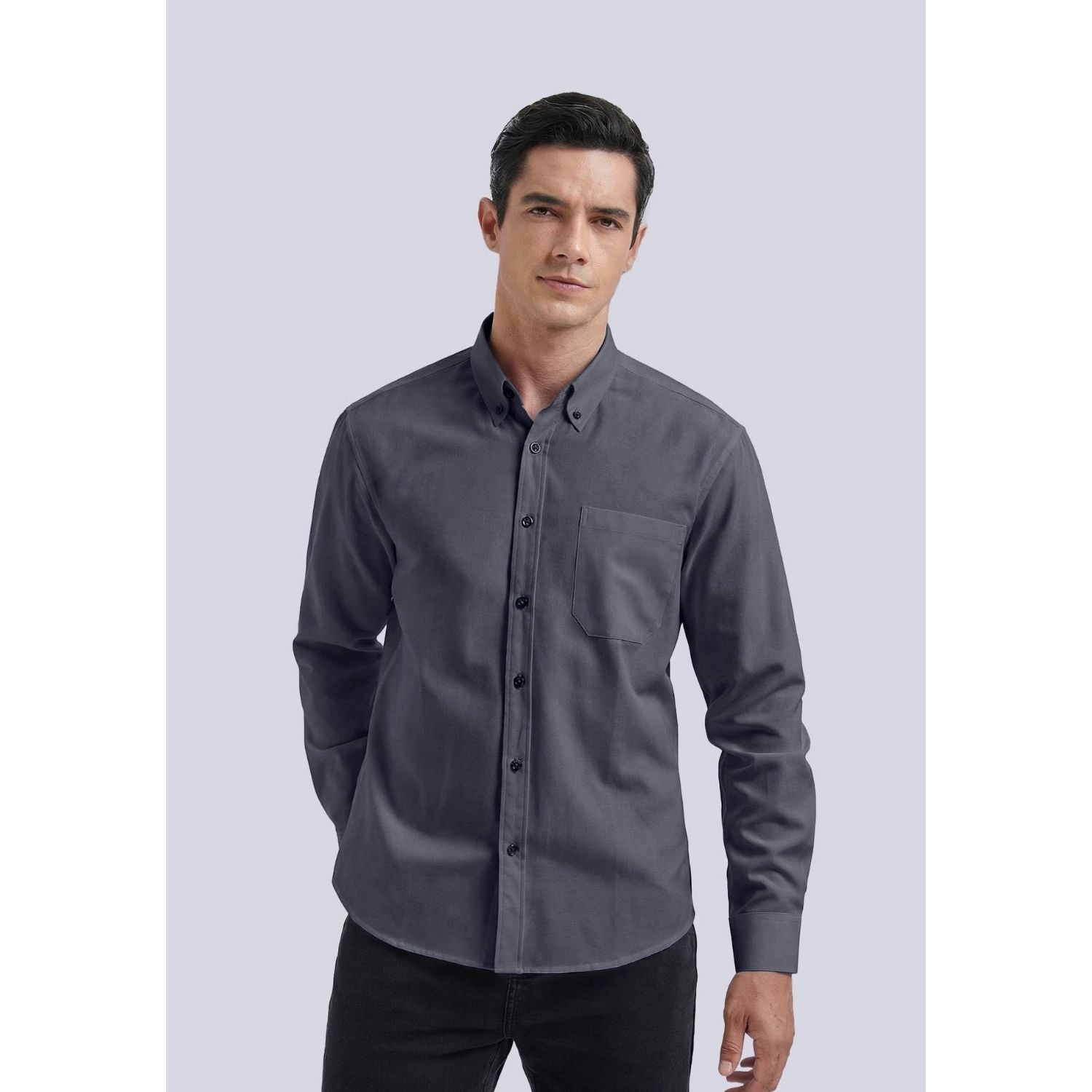 Hisdern Men's Dark Grey Oxford Shirts with Chest Pocket Formal Office