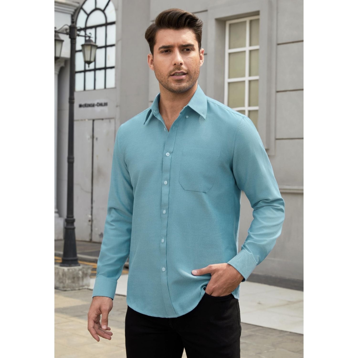 Hisdern Men's Haze Blue Oxford Shirts with Chest Pocket Date Night