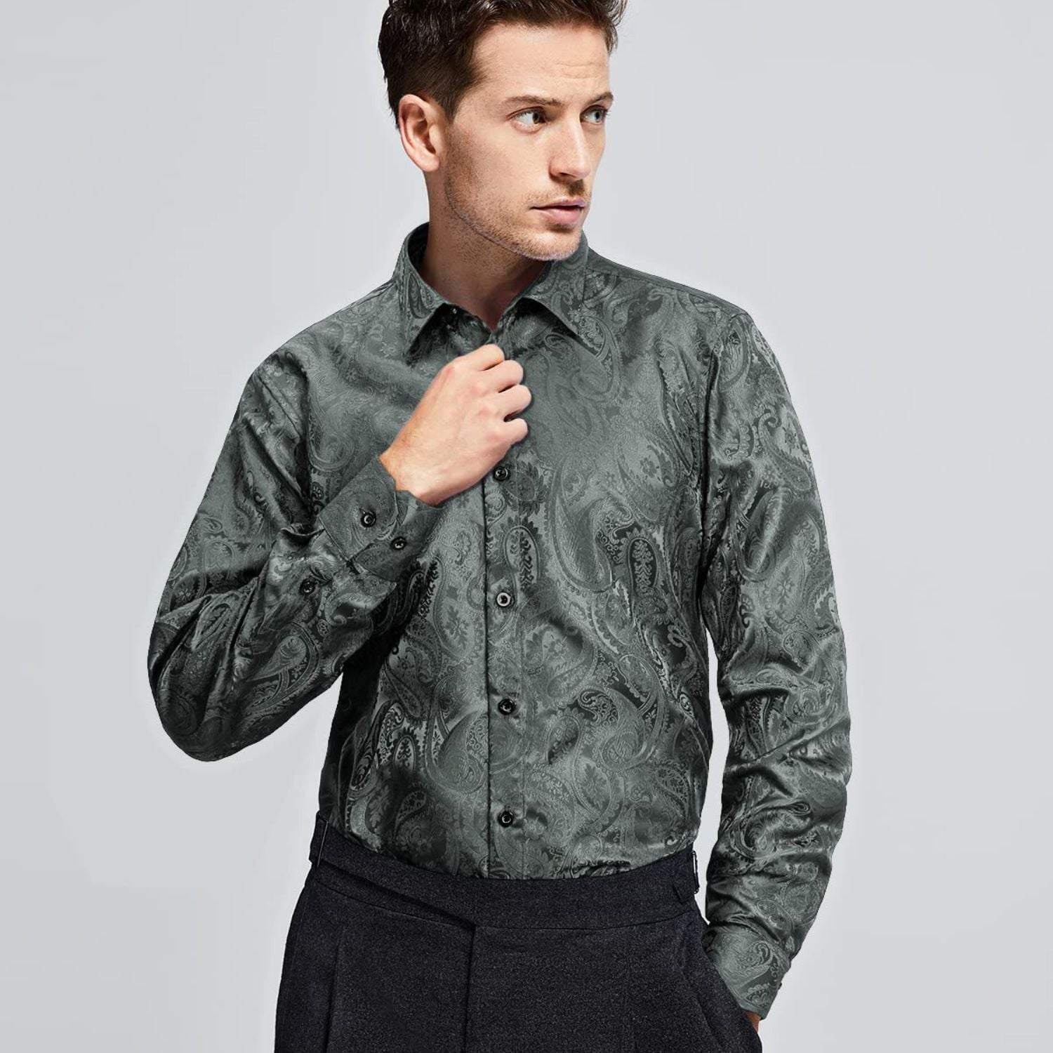 Men's Long Sleeve Shiny Shirt With Printing - GRAY