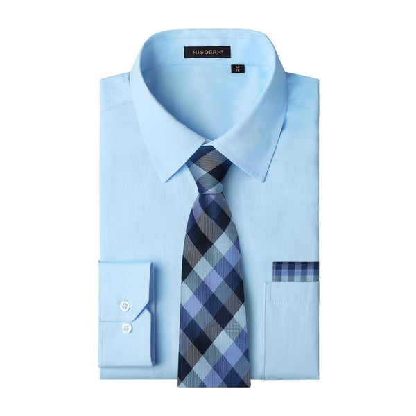 Men's Shirt with Tie Handkerchief Set - BLUE/STRIEPD