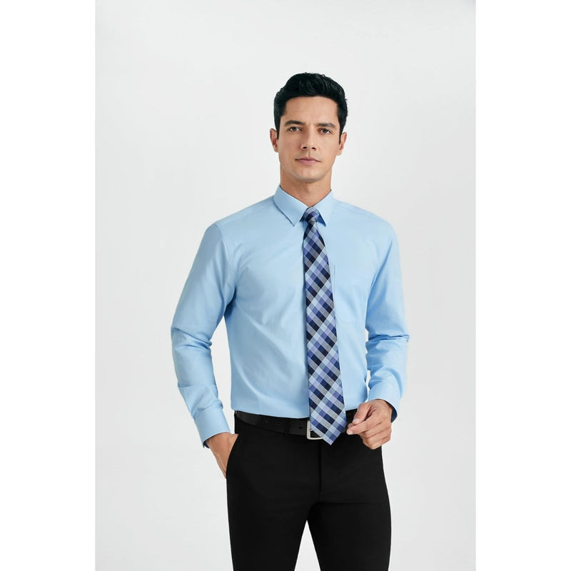 Men's Shirt with Tie Handkerchief Set - BLUE/STRIEPD