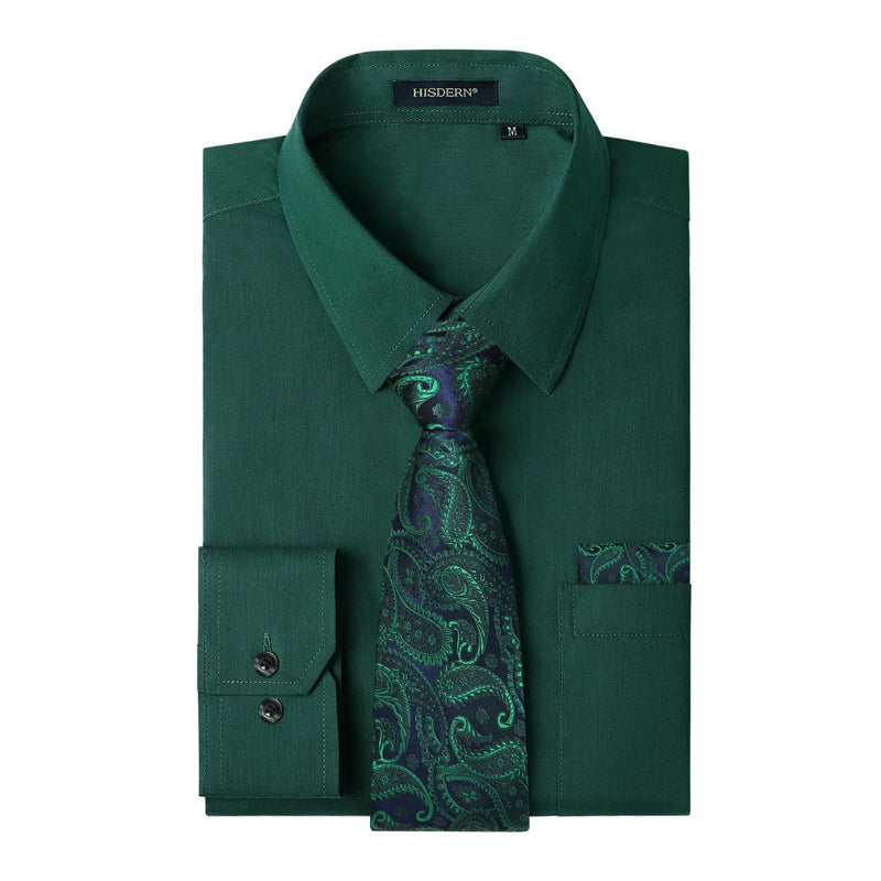 Men's Shirt with Tie Handkerchief Set - 08-GREEN 3