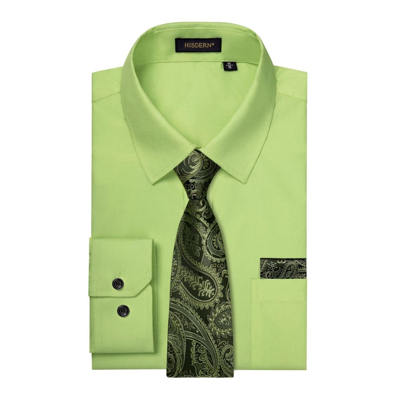 Men's Shirt with Tie Handkerchief Set - LIGHT GREEN/BLACK