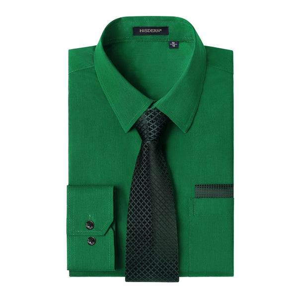 Men's Shirt with Tie Handkerchief Set - GREEN/BLACK