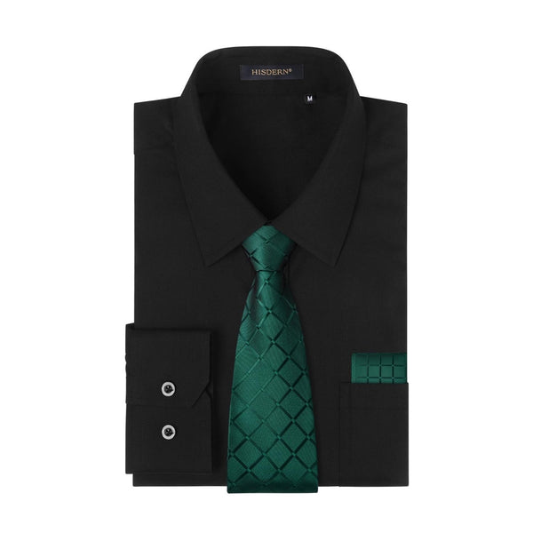 Men's Shirt with Tie Handkerchief Set - BLACK/GREEN