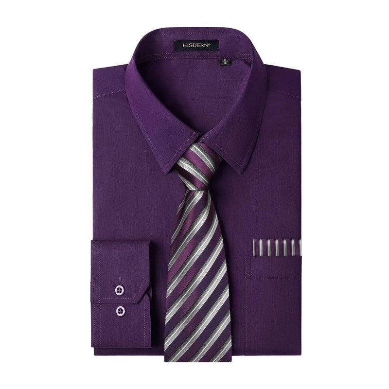 Men's Shirt with Tie Handkerchief Set - PURPLE/STRIEPD