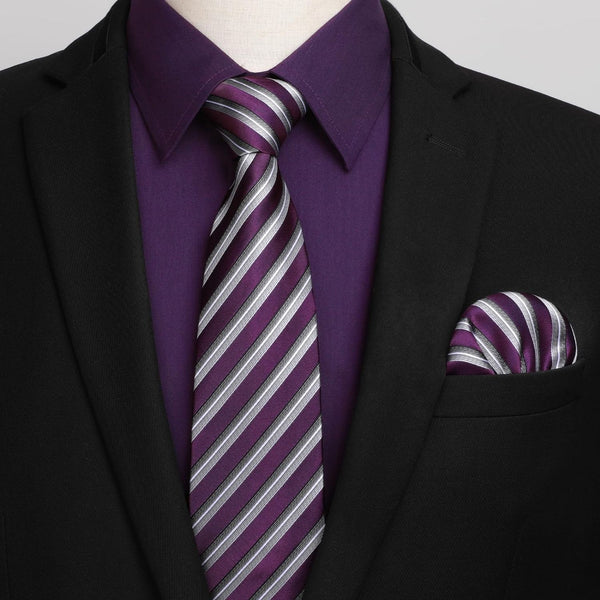 Men's Shirt with Tie Handkerchief Set - PURPLE/STRIEPD