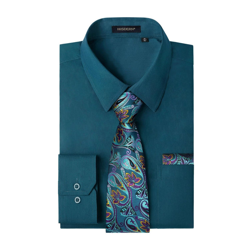 Men's Shirt with Tie Handkerchief Set - TEAL