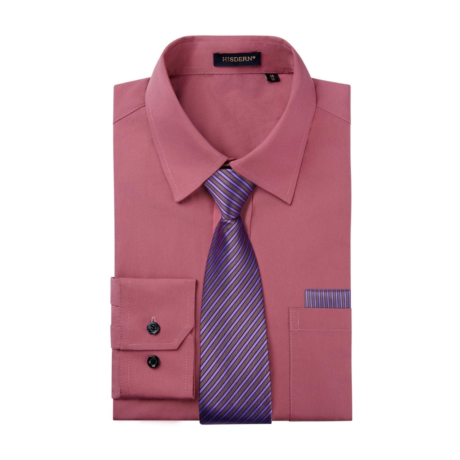 Hisdern Non-iron Rose Pink Dress Shirt and Striped Tie