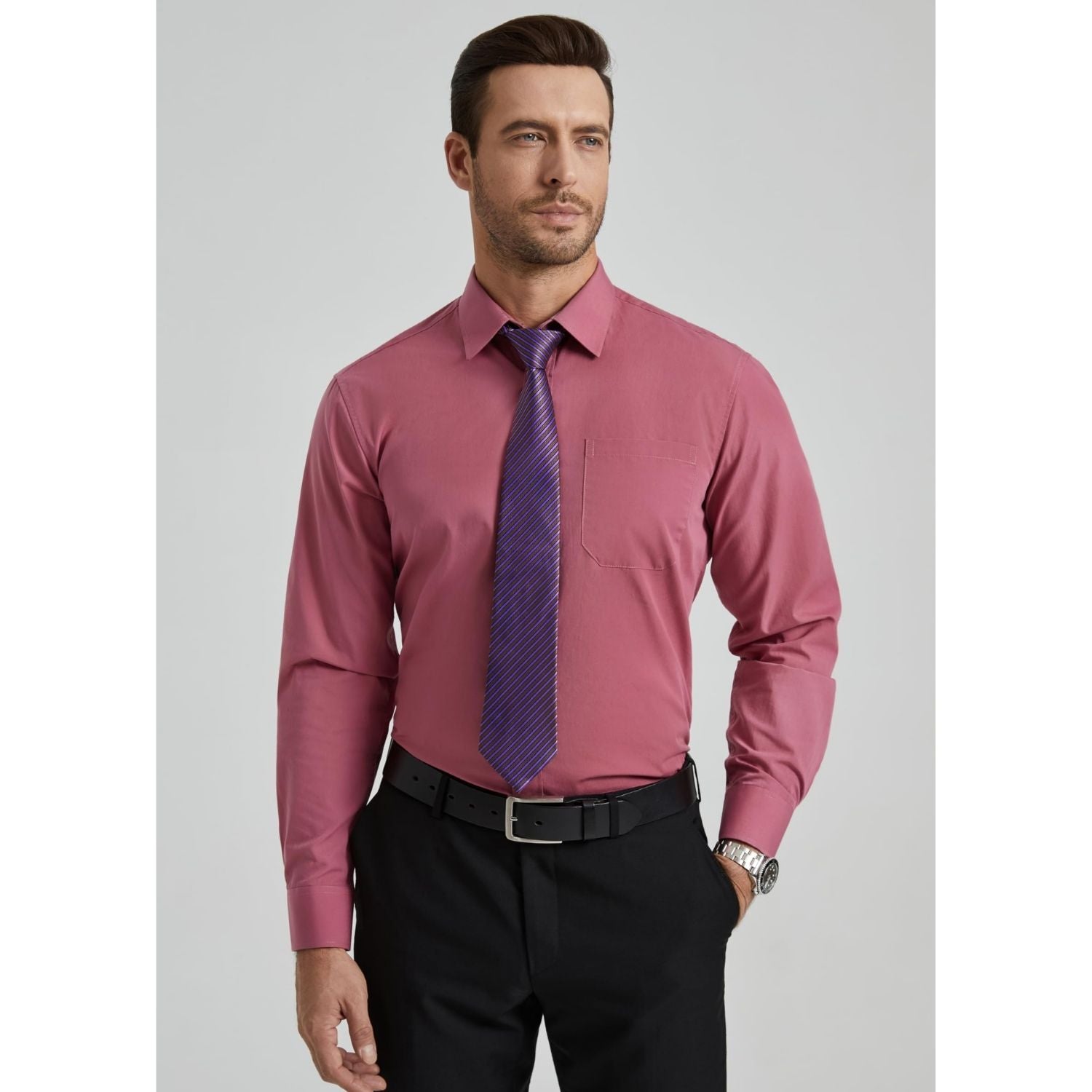 Hisdern Non-iron Rose Pink Dress Shirt and Striped Tie