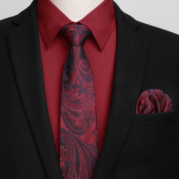 Men's Shirt with Tie Handkerchief Set - RED/PAISLEY