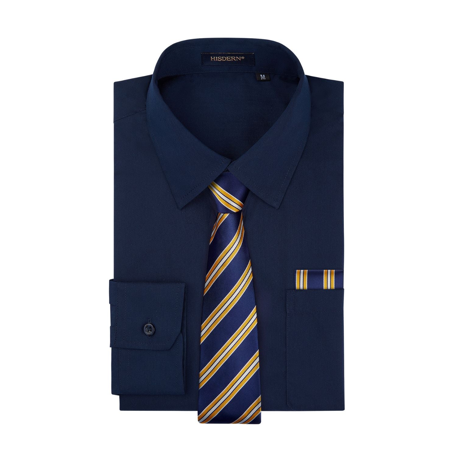 Hisdern Navy Blue Men's Shirt with Tie Handkerchief Set For Business Wedding