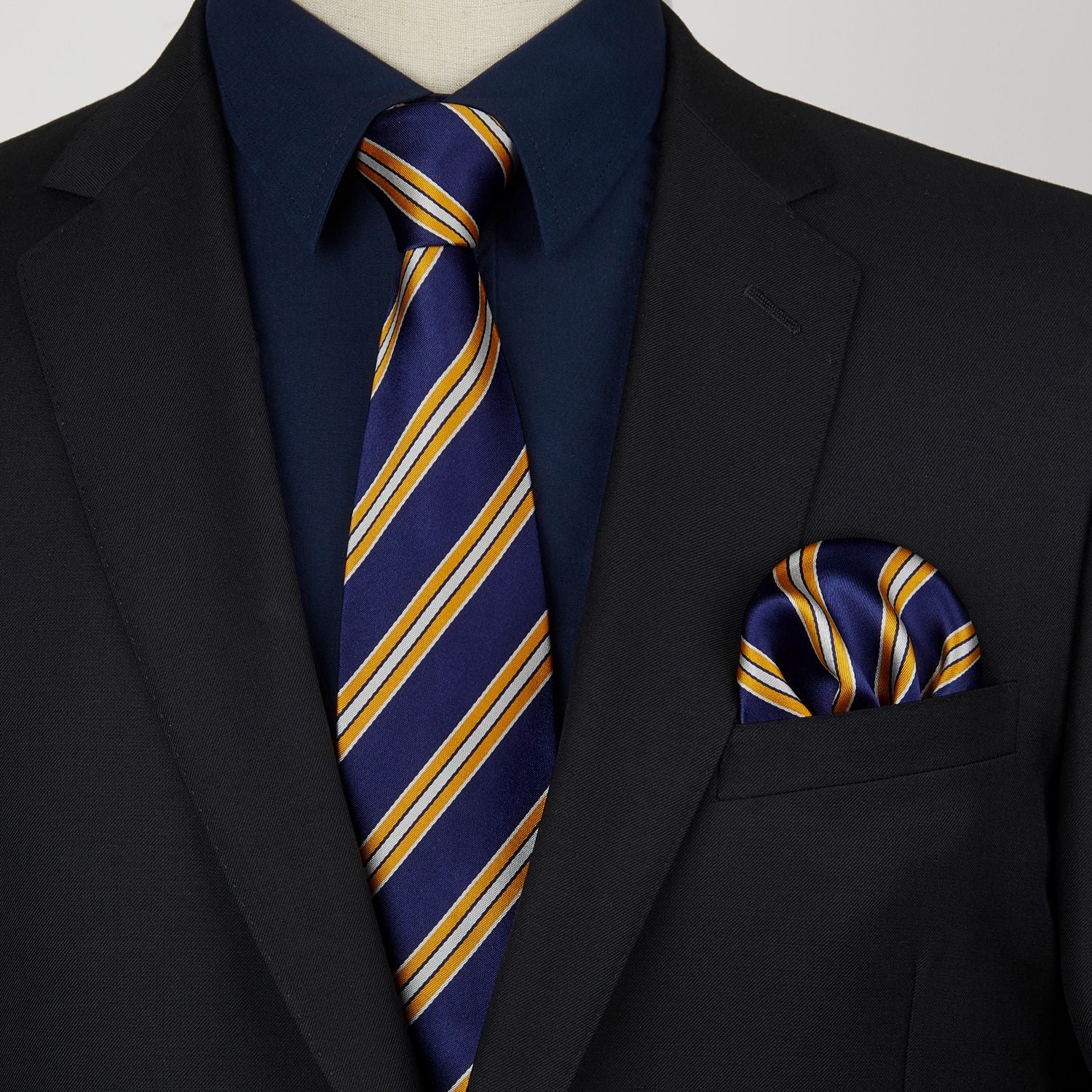 Hisdern Navy Blue Men's Shirt with Tie Handkerchief Set For Business Wedding