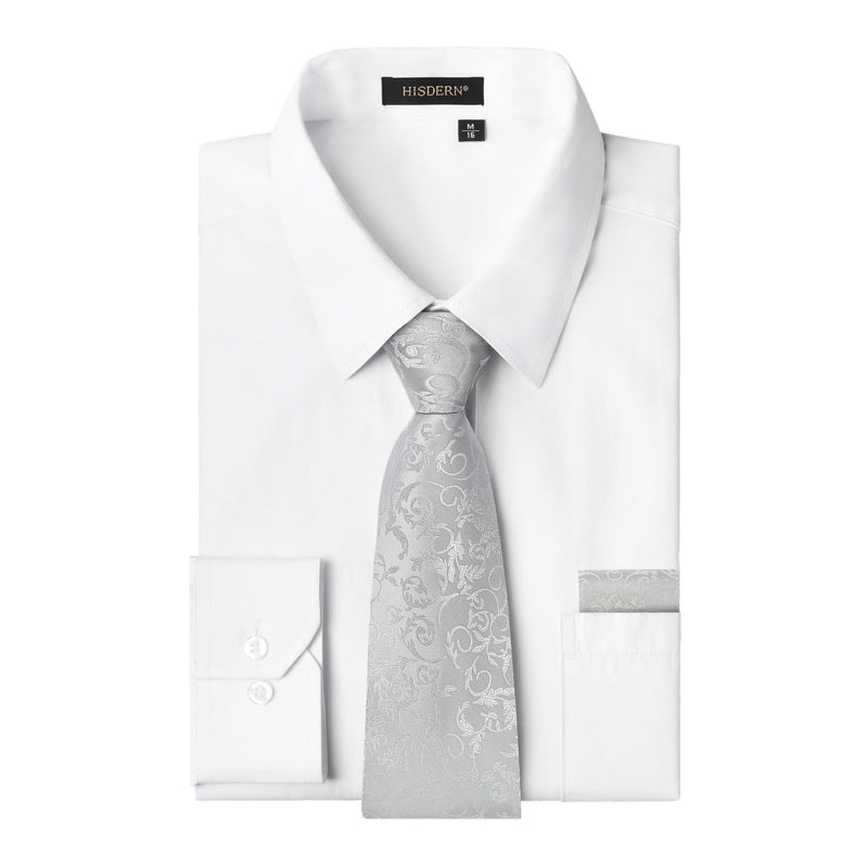 Men's Shirt with Tie Handkerchief Set - WHITE/SILVER TIE