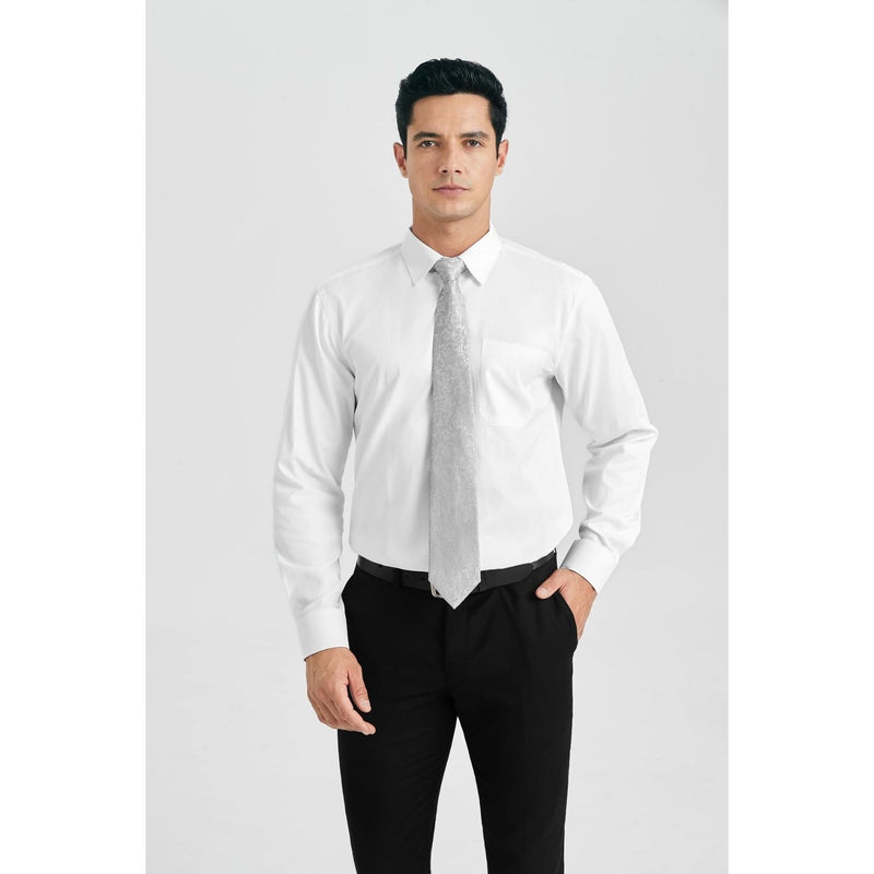 Men's Shirt with Tie Handkerchief Set - WHITE/SILVER TIE